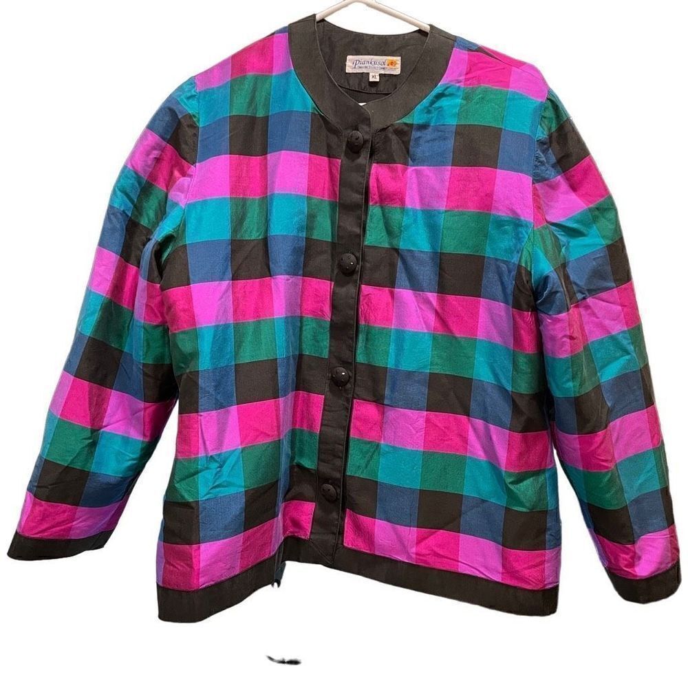 Piankusol Women’s Jacket Taffeta 100% Thai Silk Plaid Collarless Jewel Tones Siz
